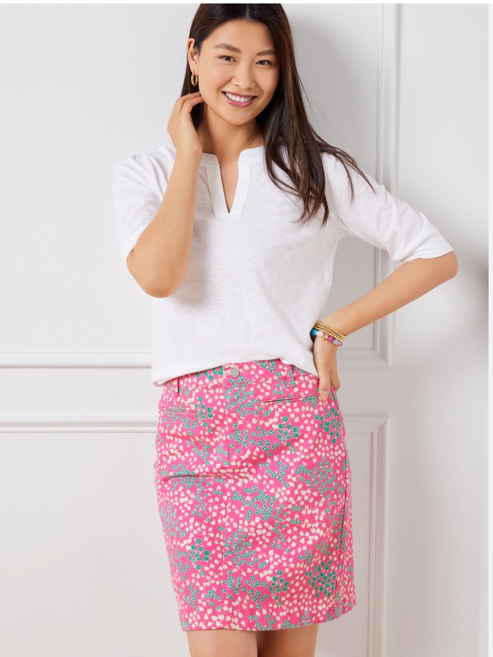 Talbots Floral Denim A Line Skirt Pink Size 12